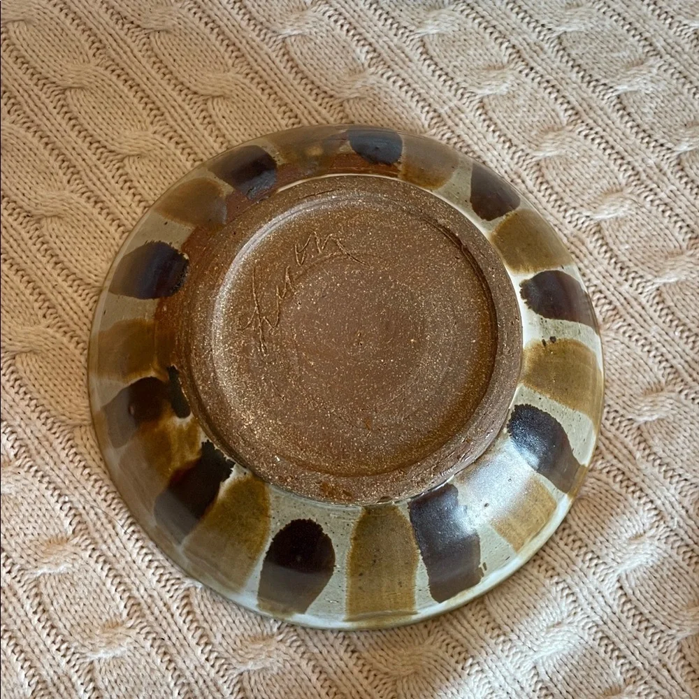 Glazed signed pottery bowl kiln fired beige/tans/browns